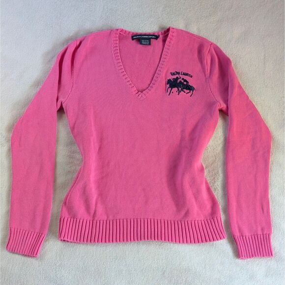 Vintage Ralph Lauren V-Neck Sweater Women's Large Hot Pink Embroidered Logo - Picture 2 of 7